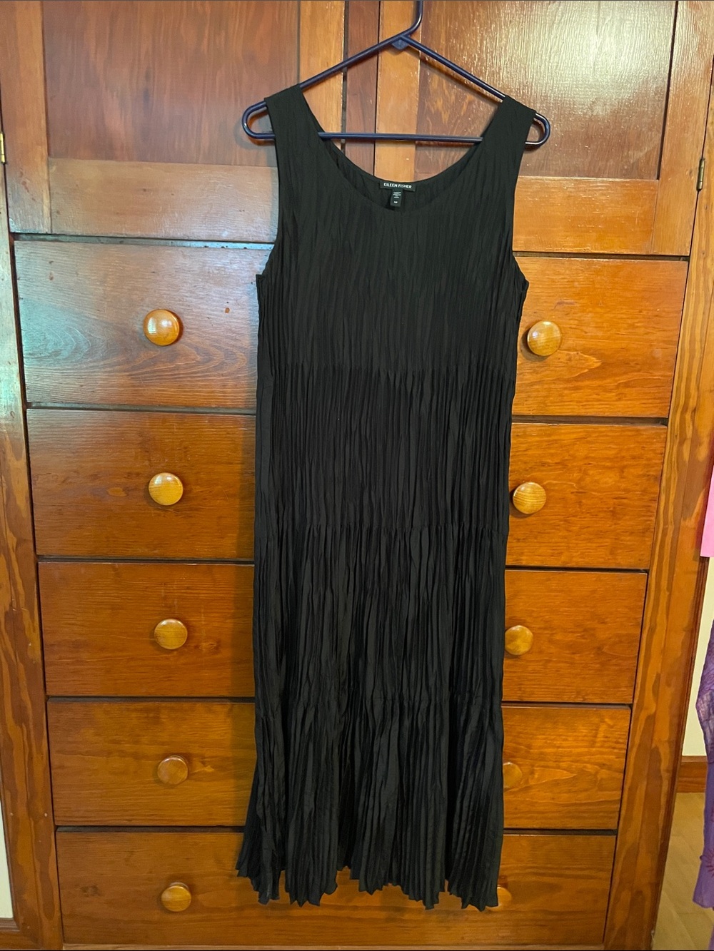 Eileen Fisher Black Sleeveless crinkled 100% silk dress.